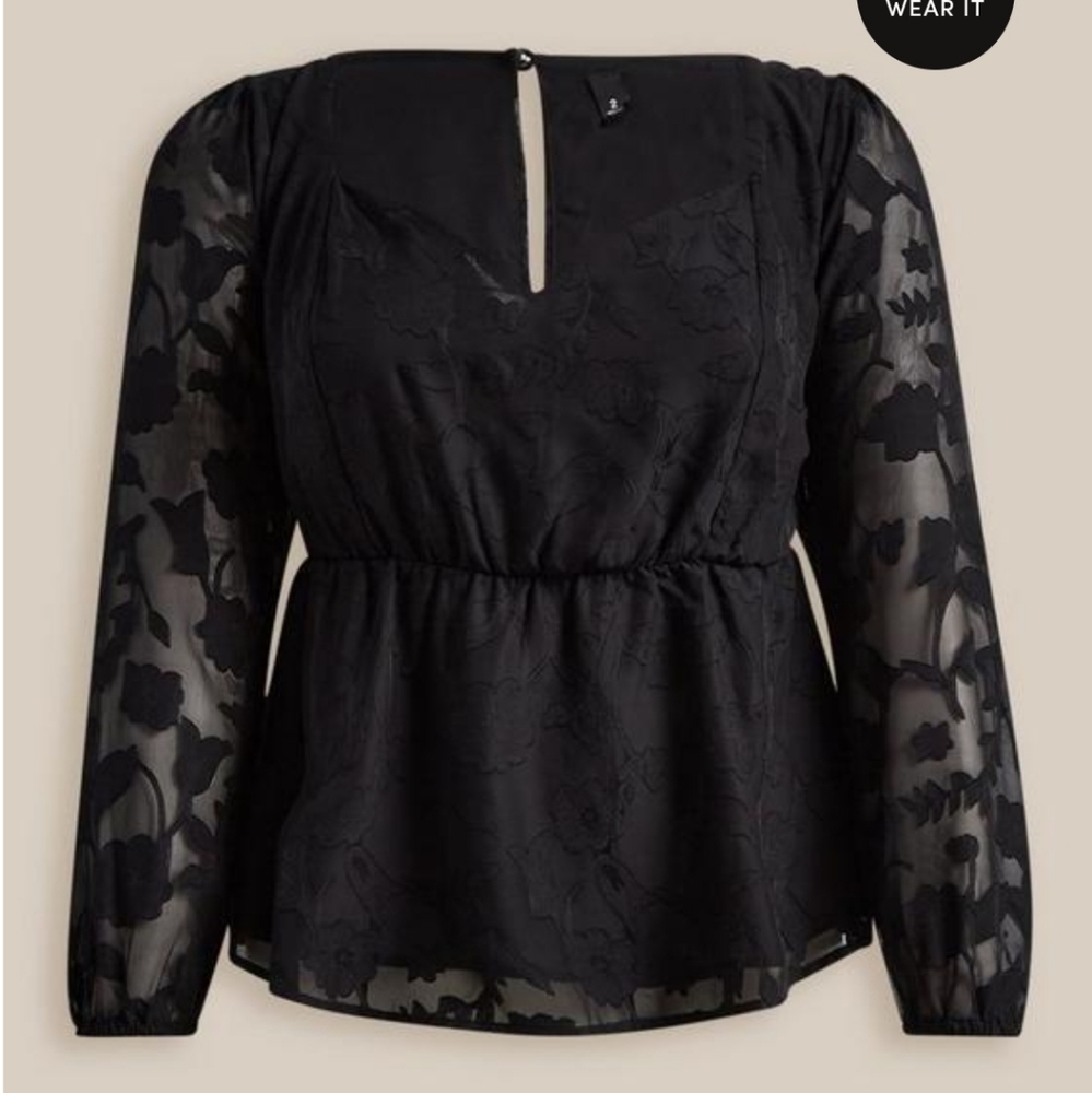 Peplum Chiffon Clip Floral Puff Sleeve Top, Deep Black, See-through sleeves